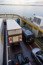 Freight lorries on the deck of a car ferry..