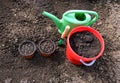 Horticulture accessories on the gardenbed Royalty Free Stock Photo