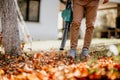 Horticulture details of worker blowing up leaves