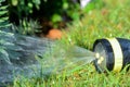 Hose pipe sprinkler watering garden lawn and flower bed