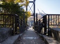 Suspension Bridge surrounded by ginkgo and maple trees in Hoshi no Buranko, Hoshida, Osaka, Japan during autumn