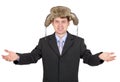 Hospitable funny man with a fur hat Royalty Free Stock Photo