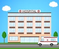 Hospital and ambulance. Flat style. building of a clinic.