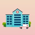 Hospital with ambulance flat vector illustration.