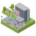 Hospital ambulance vector illustration isometric isolated. Hospital medical clinic center building, car, people doctor