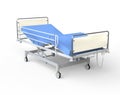 Hospital bed with blue bedding - right view