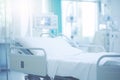 Hospital bed in emergency room blurred background. Abstract blurred medical clinic interior. Medical emergency room in luxury Royalty Free Stock Photo