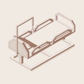 Hospital bed isometric in outline style, back view drawn with line and shadow
