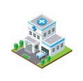 Hospital building with ambulance car. Flat Isometric style illustration editable vector Royalty Free Stock Photo