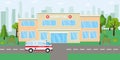 Hospital building,ambulance car and park near Royalty Free Stock Photo