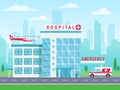 Hospital building with ambulance helicopter on roof and car standing on road, medical services, clinic building with big