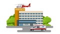 Hospital building, ambulance and Red medical evacuation helicopter. Ambulance helicopter. Healthcare, hospital and