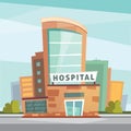 Hospital building cartoon modern vector illustration. Medical Clinic and city background. Emergency room exterior Royalty Free Stock Photo