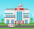 Hospital building. Health centre, medical clinic panorama exterior and ambulance car, helicopter. Medic service vector