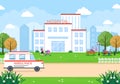 Hospital Building for Healthcare Background Vector Illustration with, Ambulance Car, Doctor, Patient, Nurses or Medical Exterior Royalty Free Stock Photo