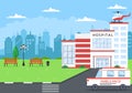 Hospital Building for Healthcare Background Vector Illustration with, Ambulance Car, Doctor, Patient, Nurses or Medical Exterior Royalty Free Stock Photo