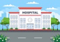 Hospital Building for Healthcare Background Vector Illustration with, Ambulance Car, Doctor, Patient, Nurses or Medical Exterior Royalty Free Stock Photo