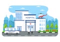 Hospital Building for Healthcare Background Vector Illustration with, Ambulance Car, Doctor, Patient, Nurses or Medical Exterior Royalty Free Stock Photo