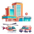 Hospital building, helicopter and ambulance, set