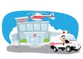 Hospital building with helicopter on its roof and an ambulance hurrying while its driver cheers Royalty Free Stock Photo