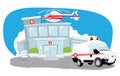 Hospital building with helicopter on its roof and a ambulance hurrying Royalty Free Stock Photo