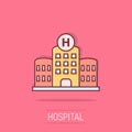 Hospital building icon in comic style. Infirmary vector cartoon illustration on isolated background. Medical ambulance business