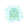 Hospital building icon in comic style. Infirmary vector cartoon illustration on white isolated background. Medical ambulance