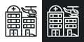 Hospital building icon with medical helicopter on the roof. Simple two-tone vector illustration on black and white