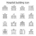 Hospital building, Medical center icon set in thin line style Royalty Free Stock Photo