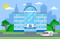 Hospital building. Medical department exterior with ambulance in city landscape. Hospitalization, healthcare medicine