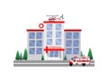 hospital building medical health clinic with ambulance and helicopter emergency resuscitation