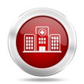 Hospital building red glossy vector icon, medical concept silver metallic round web button Royalty Free Stock Photo