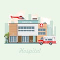 Hospital building vector illustration in flat design. Modern clinic with helicopter