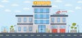 Hospital building vector illustration in flat design. Modern clinic with helicopter. Vector illustration