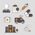 Hospital buildings,Stethoscope,Emergency Ambulance,Pills,Medical history,Syringe,Doctor,First aid kit,vector illustrations