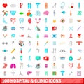 100 hospital and clinic icons set, cartoon style Royalty Free Stock Photo