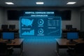 Hospital command center displays crisis communication data with holographic interface and monitors image Royalty Free Stock Photo
