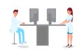 Hospital computerization flat vector illustration. Young male and female doctors, scientists in white coats characters Royalty Free Stock Photo