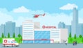 Hospital concept with building, doctor, nurse, patients, helicopter and ambulance car in flat style