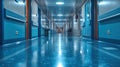 Hospital corridor with blue doors and windows