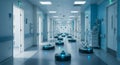 A hospital corridor features multiple floor-cleaning robots, each with glowing blue Royalty Free Stock Photo