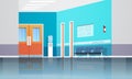 Hospital corridor waiting hall with information board chairs lift and doors empty no people clinic interior flat Royalty Free Stock Photo