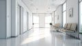 Hospital corridor with windows and white chairs, in the style of bokeh, light gray, bauhaus, light white, skillful