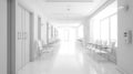 Hospital corridor with windows and white chairs, in the style of bokeh, light gray, bauhaus, light white, skillful