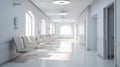 Hospital corridor with windows and white chairs, in the style of bokeh, light gray, bauhaus, light white, skillful