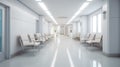 Hospital corridor with windows and white chairs, in the style of bokeh, light gray, bauhaus, light white, skillful