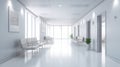 Hospital corridor with windows and white chairs, in the style of bokeh, light gray, bauhaus, light white, skillful