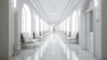 Hospital corridor with windows and white chairs, in the style of bokeh, light gray, bauhaus, light white, skillful