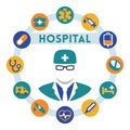 Hospital and doctor related infographic, flat style Royalty Free Stock Photo