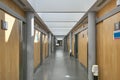 Hospital emergency corridor hall with rooms. Health center indoor